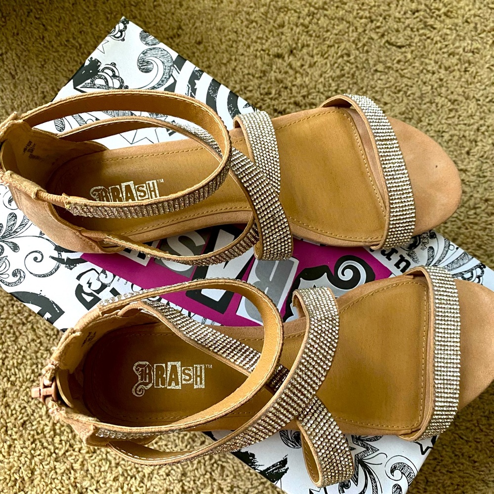 BRASH tan flat sandals with sparkle gem embellishments.